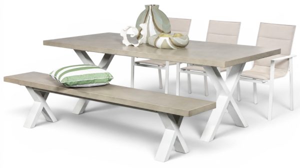 3 Lagoon White Chairs, Bench & Element 2.2m GRC Table