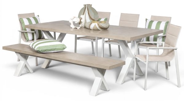 5 Lagoon White Chairs, Bench & Element 2.2m GRC Table