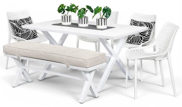 4 Isla Chairs, Bench & 1.5m Samui Table White