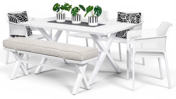 4 Paris Chairs, Bench & 1.4m Samui Table White
