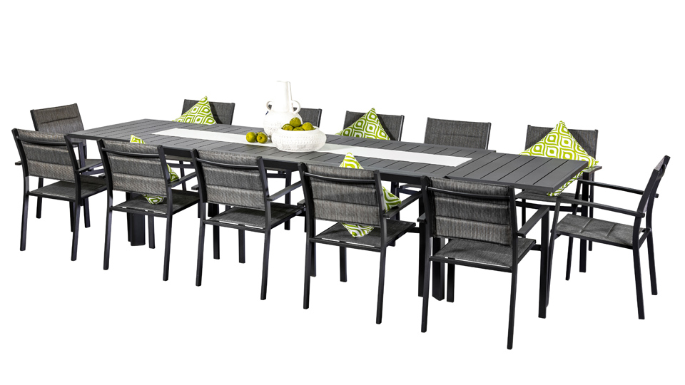 12 Whitby Black Chairs Calais Extension Table Segals Outdoor Furniture 12 Whitby Black Chairs Calais, Extendable Outdoor Dining Table For 12