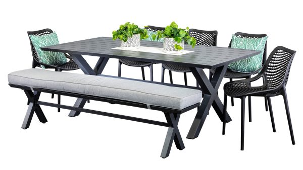 5 Isla Chairs, Bench & 2m Samui Table Black