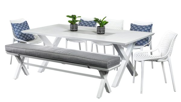 5 Isla Chairs, Bench & 2m Samui Table White