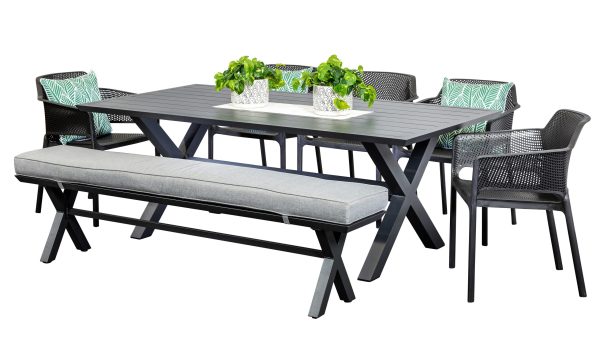 5 Paris Chairs, Bench & 2m Samui Table Black