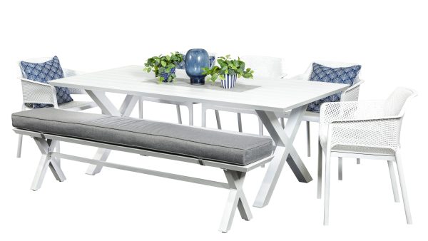 5 Paris Chairs, Bench & 2m Samui Table White