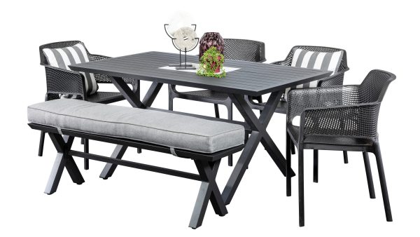 4 Paris Chairs, Bench & 1.5m Samui Table Black
