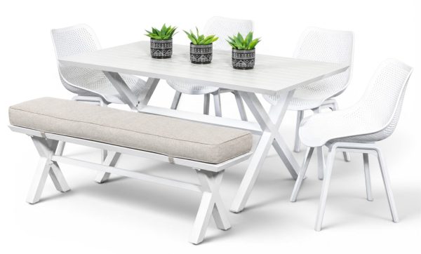 4 Bronte Chairs, Bench & 1.5m Samui Table White