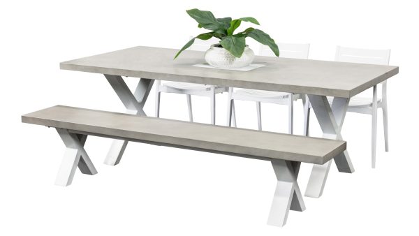 3 Lyon Chairs, Bench & Element 2.2m GRC Table White