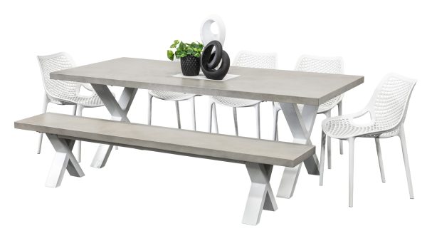 5 Isla Chairs, Bench & Element 2.2m GRC Table White