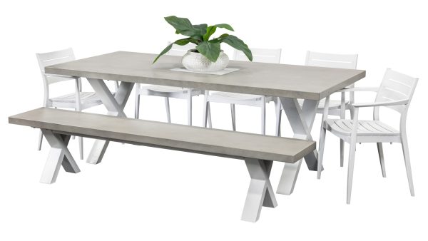 5 Lyon Chairs, Bench & Element 2.2m GRC Table White