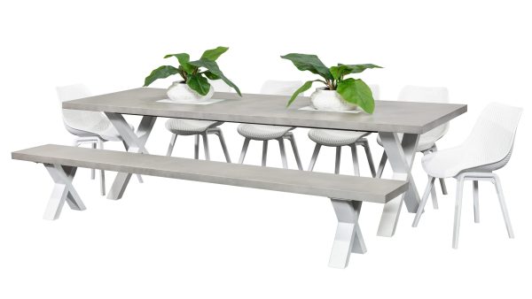6 Bronte Chairs, Bench & 2.8m Element GRC Table White