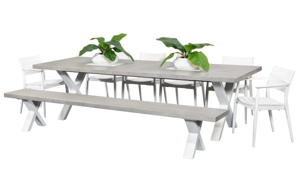 6 Lyon Chairs, Bench & 2.8m Element GRC Table White