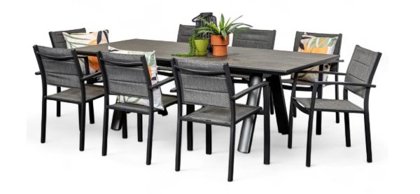 8 Whitby Chairs & 2.3m Allure Table Gun Metal