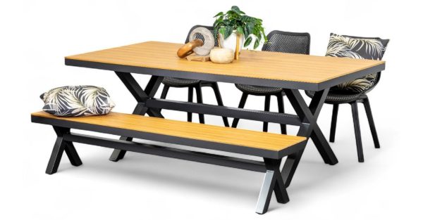 3 Bronte Chairs, Bench & Coast 2m Table Gun Metal