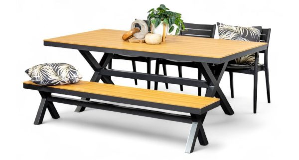 3 Lyon Chairs, Bench & Coast 2m Table Gun Metal