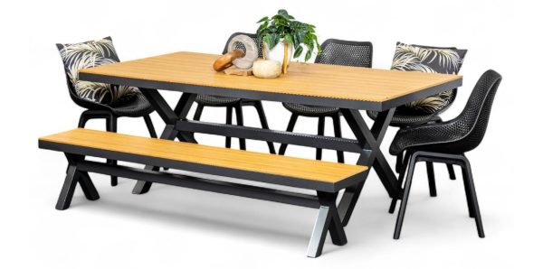 5 Bronte Chairs, Bench & Coast 2m Table Gun Metal