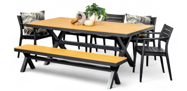 5 Lyon Chairs, Bench & Coast 2m Table Gun Metal