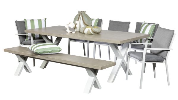5 Breeze White Chairs, Bench & Element 2.2m GRC Table