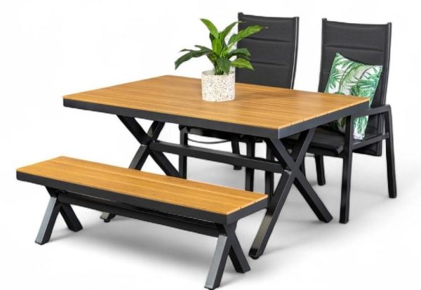 2 Crown Reclining Chairs, Bench & 1.5m Coast Table Black