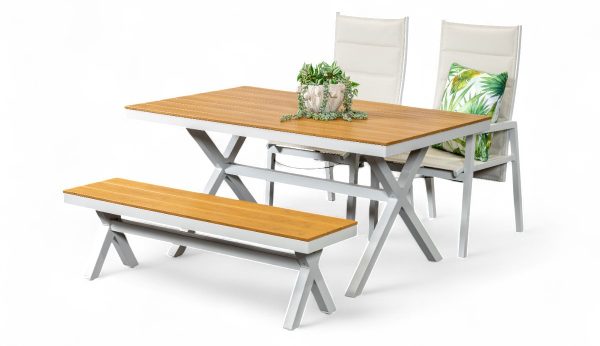 2 Crown Reclining Chairs, Bench & 1.5m Coast Table White