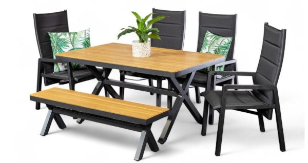 4 Crown Reclining Chairs, Bench & 1.5m Coast Table Black