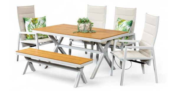 4 Crown Reclining Chairs, Bench & 1.5m Coast Table White