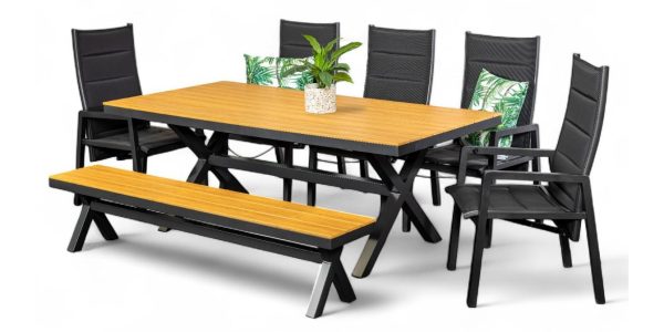 5 Crown Reclining Chairs, Bench & Coast 2m Table Black