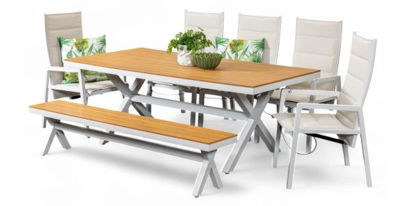 5 Crown Reclining Chairs, Bench & Coast 2m Table White
