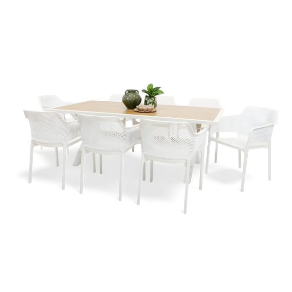 8 Paris Chairs & Samui 2m Weatherwood Table White