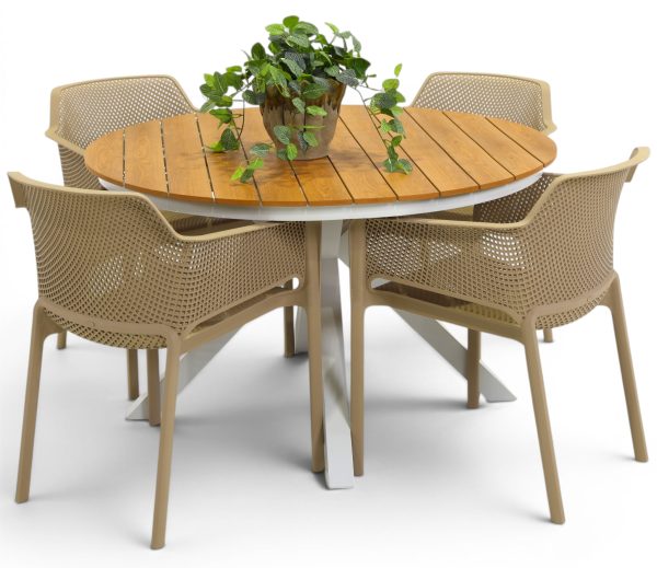 4 Paris Taupe Chairs & 1.2m Round Coast Table White