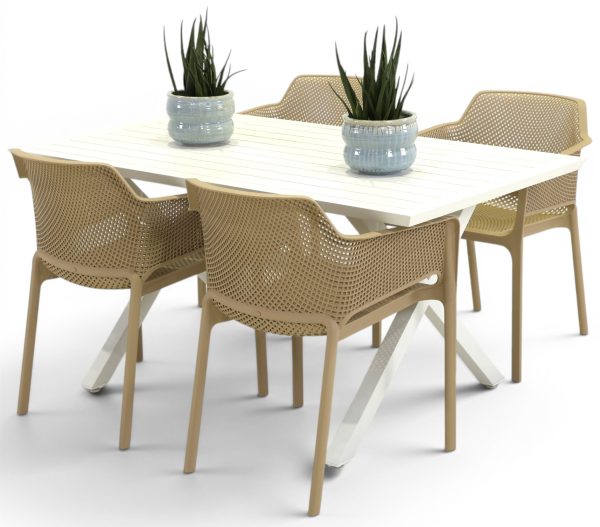 4 Paris Taupe Chairs & 1.5m Samui Table White