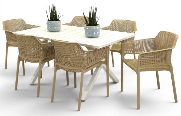 6 Paris Taupe Chairs & 1.5m Samui Table White