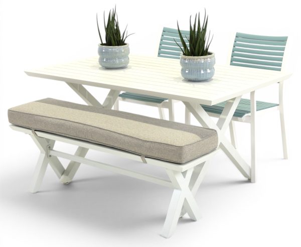 2 Aria Sky Chairs, Bench & 1.5m Samui Table White