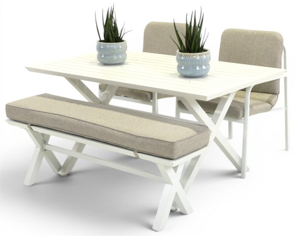 2 Arosa Chairs, Bench & 1.5m Samui Table White