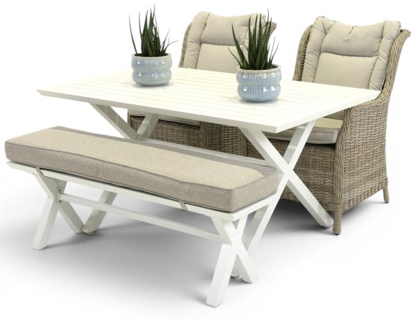 2 Bianco Chairs, Bench & 1.5m Samui Table White