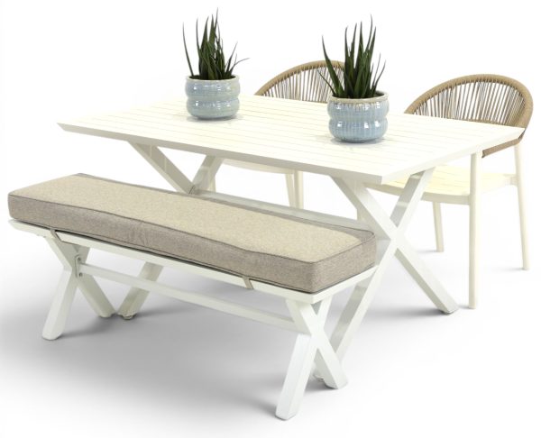 2 Canna Chairs, Bench & 1.5m Samui Table White