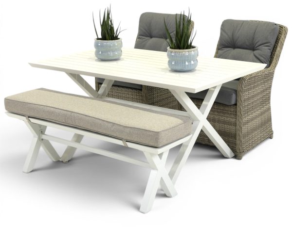 2 Cannes Chairs, Bench & 1.5m Samui Table White