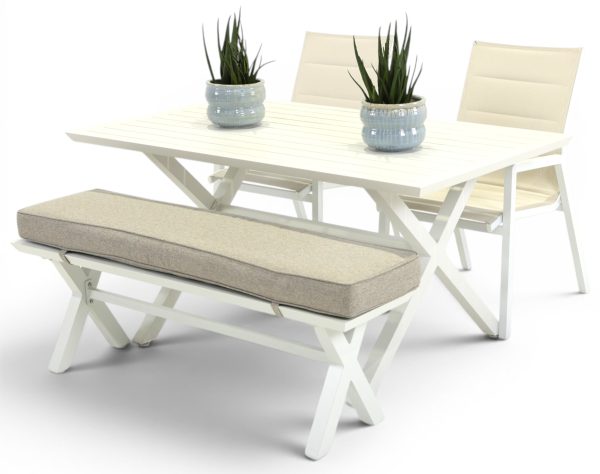 2 Crown Chairs, Bench & 1.5m Samui Table White