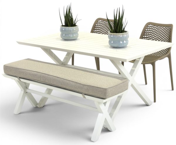 2 Isla Taupe Chairs, Bench & 1.5m Samui Table White