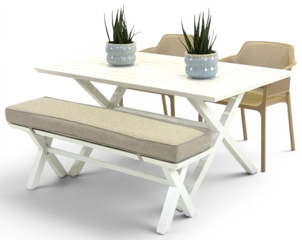 2 Paris Taupe Chairs, Bench & 1.5m Samui Table White