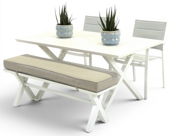 2 Whitby Chairs, Bench & 1.5m Samui Table White