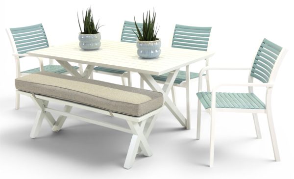 4 Aria Sky Chairs, Bench & 1.5m Samui Table White