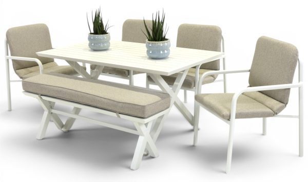 4 Arosa Chairs, Bench & 1.5m Samui Table White