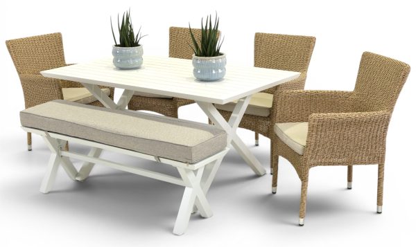 4 Beach Chairs, Bench & 1.5m Samui Table White