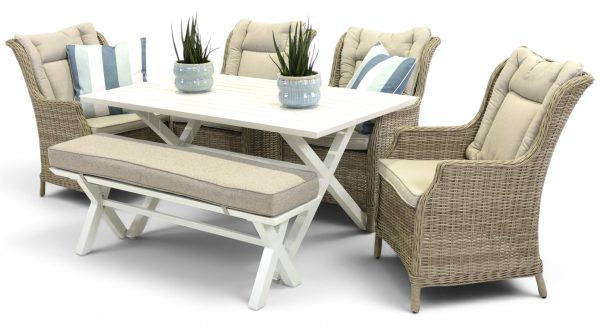 4 Bianco Chairs, Bench & 1.5m Samui Table White