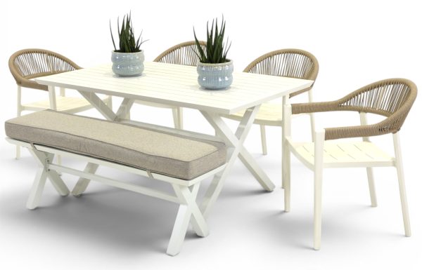 4 Canna Chairs, Bench & 1.5m Samui Table White