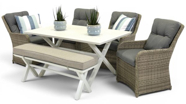 4 Cannes Chairs, Bench & 1.5m Samui Table White