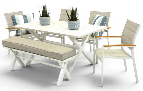 4 Coast Chairs, Bench & 1.5m Samui Table White