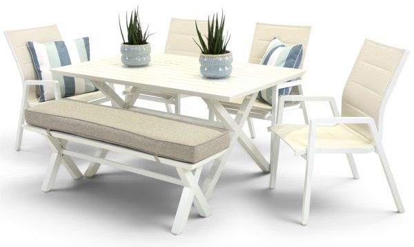 4 Crown Chairs, Bench & 1.5m Samui Table White