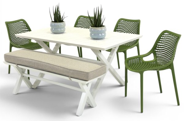 4 Isla Grass Chairs, Bench & 1.5m Samui Table White